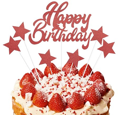 EKAM Glitter Red Cake Topper Set Happy Birthday with Star Sticks Cupcake Cake Topper Birthday Party Cake Decor for Him/her Girl Boy Men Women Party Cake Supplies - 7Pcs (Red)