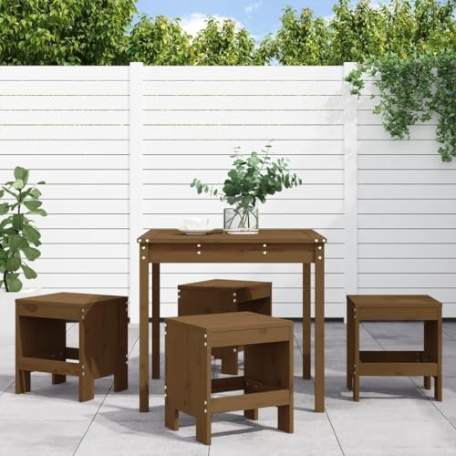 KATERYY 5-TLG. Garten-Essgruppe Honigbraun Massivholz Kiefer,Kiefernholz Essgruppe mit Esstisch und Gartenhockern für Garten, Terrasse und Balkon