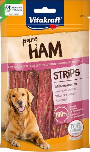 Vitakraft Fleischsnacks, Ham Strips, Schinkenstreifen, Hundeleckerli getreidefrei, im wiederverschließbaren Beutel, ohne Zusatz von Zucker (1x 80g) (Packung mit 5)