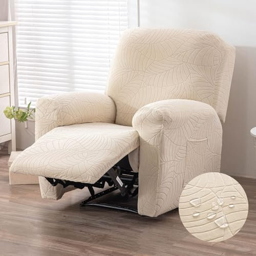 Hearda Blatt Jacquard Stretchhusse für Relaxsessel, Spritzwassergeschützt Sesselschoner für Relaxsessel 4-Teilig Sesselbezug Relaxsessel Bezug Stretch Bezug für Fernsehsessel (Beige)