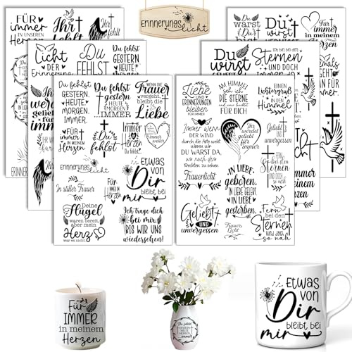 6 Stück A5 Rub On Sticker Transferaufkleber Trauer Gedenken | ohne Kleber, für Möbel, Glas, Holz, Scrapbooking, DIY & stille Dekoration