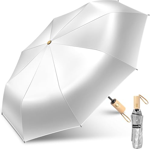 ZOMAKE Paraguas Plegable Anti Uv,Parasol AutomáTico De Sol,Grande Paraguas Compacto Con Mango De Madera Para Hombre Mujer(Plateado Negro)