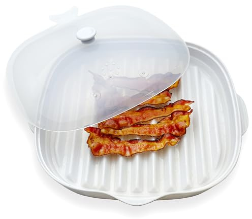 Mikrowellen Speckkochschale, Mikrowellengeeigneter Speckgrill mit Spritzschutzdeckel, in Minutenschnelle knusprig, Länge: 11Zoll, Weiß