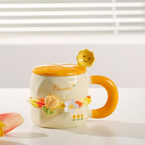 MAGICVOGEL süße Blumen Kaffeetasse 380ml Blumenbecher mit Deckel und Löffel Cute Teetasse Milchbecher mit großem Henkel für Geburtstag Valentinstag Weihnachten Muttertag (Gelb)