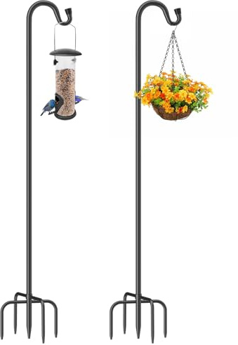 QIZENME 2PCS 160cm Shepherd's Hooks, Heavy Duty Metal Garden Hooks with 4-Section Adjustable Design & 5-Prong Base, 1cm Diameter – Ideal for Outdoor Decor, Lanterns, Bird Feeders