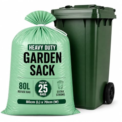 Garden Bin Bags 80L x 25 Pack Extra Strong Refuse Sack Heavy Duty Bin Liners Green Garden Waste Bag Rubbish Sacks Disposal Bags Ideal for Collecting Waste, Plant, grass, Leaves