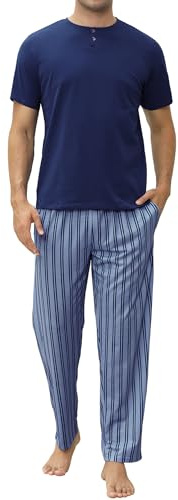 TeJoyce Pijama Hombre Algodon Largo Verano, Dos Piezas Ropa de Dormir, Conjunto Camiseta Manga Corta con Botones y Pantalones a Rayas con Bolsillos, Ropa de Casa Suave y Ligero (Azul Marino, L)