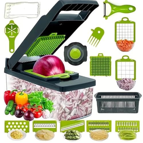 16 in 1 Vegetable Chopper, Veg Chopper and Dicer with 1.2L Container & Draining Basket, Multifunctional Kitchen Food Chopper for Veggies, Onion,Garlic, Potatoes and Salads