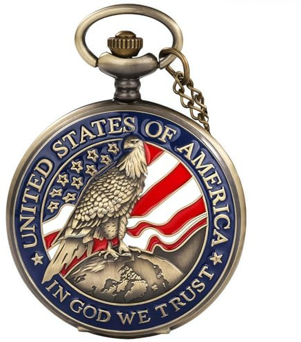 DerMacht Pocket Watch American Eagle Flag USA US Flag Patriotic with Chain Arabic Numerals Independence Day