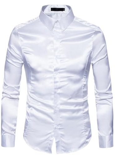Men's Dress Shirt, Shiny Silk Like Satin Long Sleeve Shirts, Button Up Slim Chemise Smooth Wrinkle Free Tuxedo T-Shirt, Solid Stand Collar Casual Blouses for Dance Disco Nightclub Performance Costume