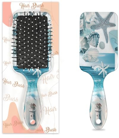 Mexpekil Cepillo de pelo con forma de pala para desenredar, diseño de estrella de mar, tortuga, conchas, faro de mar, verde azulado, cepillo de pelo húmedo y seco, para masajes, para niñas, mujeres y