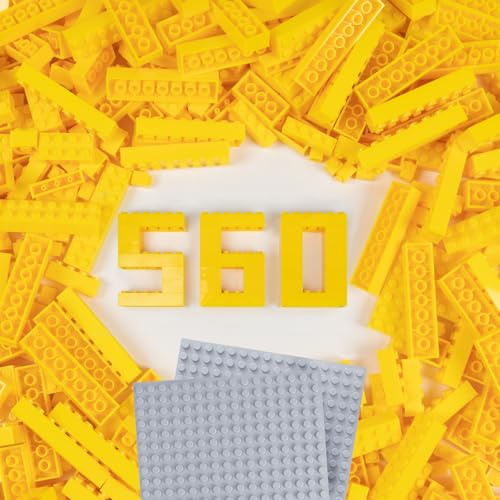 Cabeeskii 560 blocchi di costruzione classici gialli con 2 piastre di base, mattoni da costruzione in 7 dimensioni, compatibili con tutti i principali mattoni, per bambini e amanti del MOC