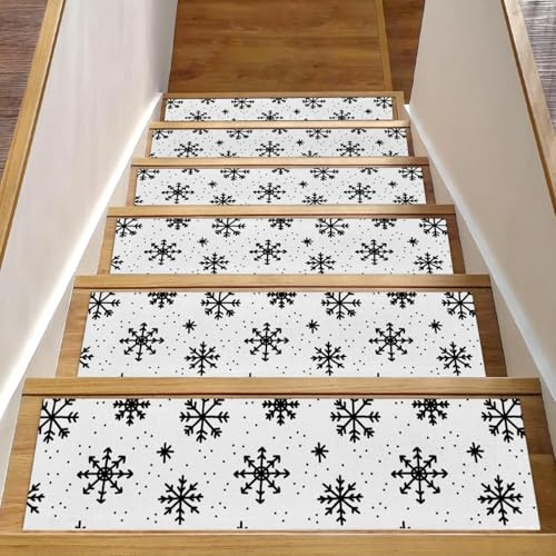 RODAILYCAY Alfombra antideslizante para peldaños de escalera, paquete de 15 unidades, diseño de copos de nieve de Navidad, para peldaños de madera para interiores, peldaños de escalera, tapetes de TPE