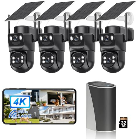 8MP Camera di sorveglianza WiFi esterno senza fili,4 Cam-Kit con Home Station/Storage locale 32G/fotocamera solare,Sicurezza a casa PTZ a 360°,Visione ,Audio bidirezionale,Monitoraggio automatico