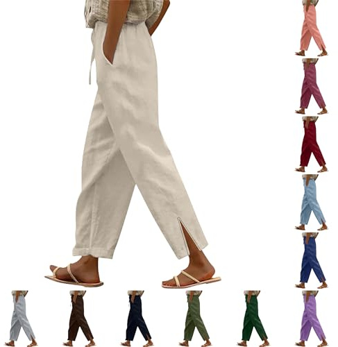 Pantalon Femme Été Lin, Pantalon Coton Lin Femme Été Fluide Large Taille Elastique Droit Bas Fendu 7/8 Ample Décontracté Léger et Confortable pour Plage Vacances, Kaki, L