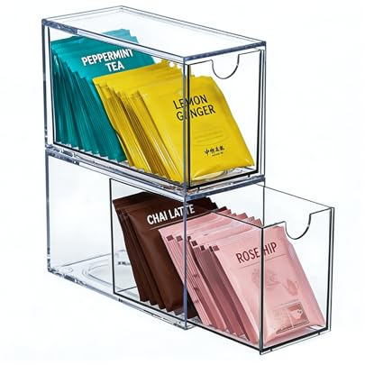 FRUHLING Organizador de bolsas de té, 2 unidades, soporte para bolsas de té, acrílico transparente | Cajas de té apilables, cajón de almacenamiento de té, para bolsas de té, cápsulas de café, edulcorantes azúcar especias