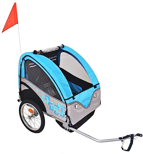 Kaloriko Remorque de vélo pour enfant - Gris et bleu - Charge maximale de 30 kg - Pliable - Avec ceinture de sécurité à 5 points - Capote toutes saisons - Tissu en maille, timon et poches intérieures