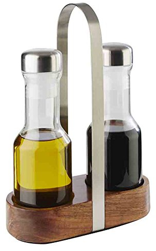 APS 40436 Essig- & Öl-Menage „Wood, Essig und Öl Gefäße, matt poliert, Glasbehälter mit Edelstahl-Deckel und Drehverschluss, 7,5 x 16 cm, 24,5 cm Höhe, Braun