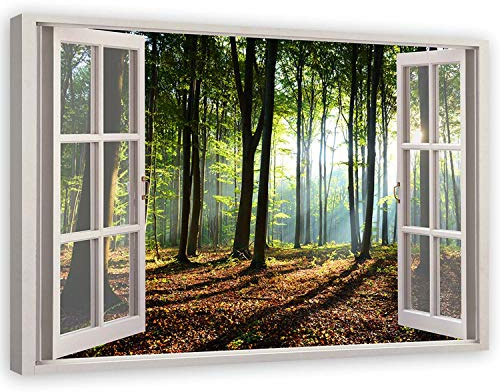 Feeby Bilder - Foto Geschenk - Fensterblick Wald Landschaft Grün - 120x80 cm XXL 1tlg - Leinwandbilder Wohnzimmer - Wandbild über dem Bett - Bild Schlafzimmer - Aesthetic Zimmer Deko - Modern Pictures