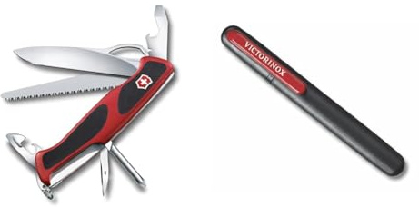 Victorinox Taschenmesser Ranger Grip 78 (12 Funktionen, Einhand-Feststellklinge) rot/schwarz & Dual-Messerschärfer, Tragbar, Schleifstein für Grobschliff, Keramikplättchen für Feinschliff