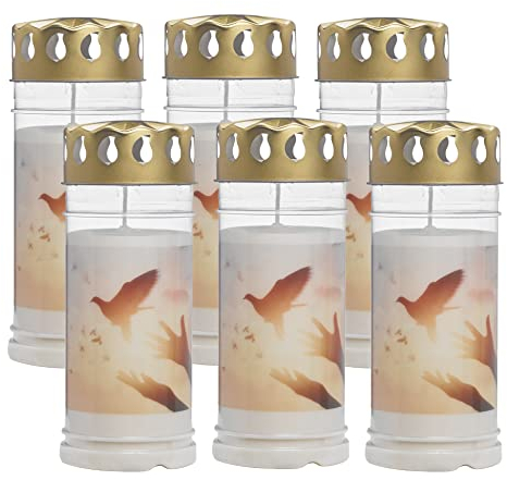 Bolsius Grablicht - Weiß - Set 6 Stück - Länge Brenndauer 120 Stunden - Trauerkerze & Gedenkstätte Kerzen - mit Motiv - Taube - Unparfümierte - Ohne Palmöl - Nr5