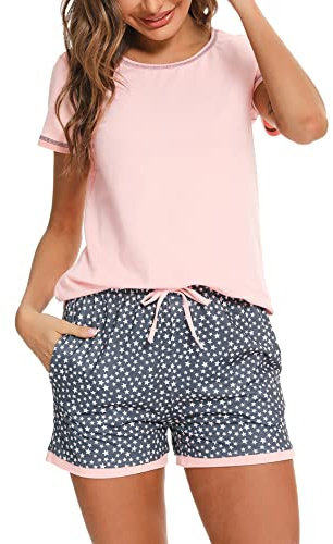 Litherday Women's Pyjamas Set Short Sleeve Pjs Cotton Printed Loungewear Soft Nightwear Sleepwear Lightweight with Pockets