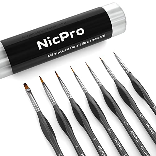 Nicpro Miniatyrdetalj, målarpensel set, 7 svarta mikroprofessionella små fina målarpenslar för akvarellolja, akryl, hantverksvågsmodeller stenmålning och måla efter nummer för vuxna med hållare väska