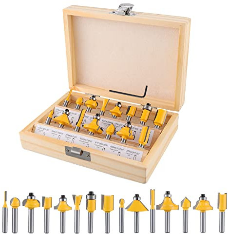 Gueenky 15 Stück Fräser für Oberfräse 6,35mm Schaft, Oberfräse Fräser set, Wolframkarbid Oberfräser mit Schaft 1/4 '', Oberfräser Set mit Holzkoffer für Holzbearbeitung