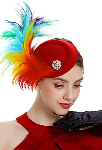 Red Color Fascinators Hat Feathers on a Headband and a Clip 20s 50s Pillbox Hat Fascinators Feather Hats Derby Headwear Tea Party Headwear Cocktail Wedding Fancy Dress for Girls and Women (Red Color)