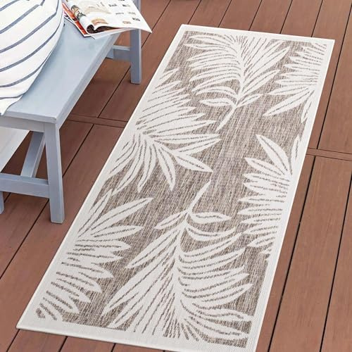 carpet city Teppich Outdoor Wetterfest - Beige - 80x150 cm - Palmen-Blätter - Balkon Teppich Wasserabweisend - In-& Outdoor Teppiche für Terrasse, Garten, Küche, Bad oder Wohnzimmer