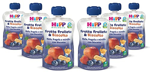 HiPP - Frutta Frullata e Biscotto Bio, Purea per Bambini al Gusto Mela, Fragola e Mirtillo con Biscotto ai Cereali Antichi, Senza Zuccheri Aggiunti, 6 Confezioni da 90 gr