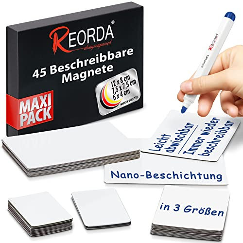 Reorda Magnetstreifen beschreibbar - 45 Stück wiederbeschreibbar in 3 Größen (Weiß) | Beschreibbare Magnete für Whiteboard, Kanban, Magnettafel | Beschriftbare Magnete für den Kühlschrank