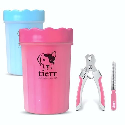 tierr Pfotenreiniger für Hunde | Entfernt Schmutz von Hundepfoten | Gründliche Reinigung mit weicher Bürste | spülmaschinenfest (Pink, Größe M + Krallenschere)