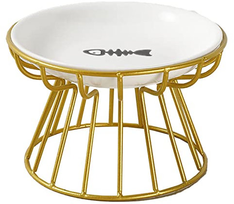 Erhöhter Katzennapf, Katzennapf mit Metallstand, ergonomischer Katzenteller keramische erhöhte Katzennäpfe Anti-kotzende Katzennahrungschale Nahrung Wasser gekippte Schüssel (Gold, Fisch)