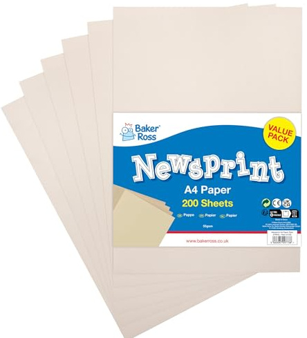 Baker Ross FX842 Papel de periódico A4 - Paquete de 200, Papel para envolver y manualidades