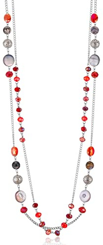 FULU AUTUMN Damen Statement Kette Lange Perlenkette Silber Chain Zwei Strang Modeschmuck Halskette Geburtstagsgeschenk