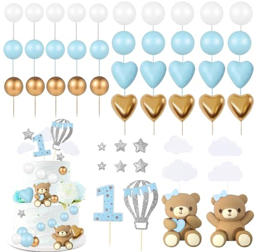 49 Stück Blau Tortendeko Set, Jungen 1.Geburtstag Cake Topper, Teddybär Kuchen Dekoration für Hochzeit, Baby Shower und Geburtstag Party