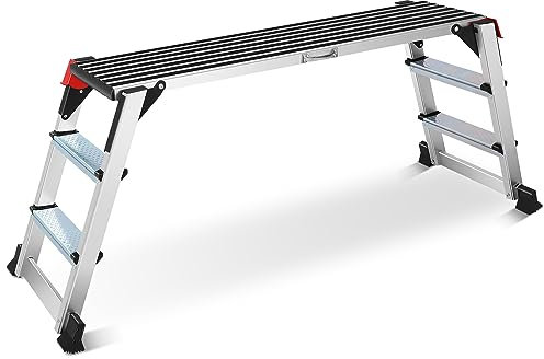 Work Platform Two Step Ladder, 50×12×27 Aluminum Platform, Heavy Duty Folding Work Bench Non-Slip 330 lbs Load Capacity for Washing Vehicles, Cleaning, Painting