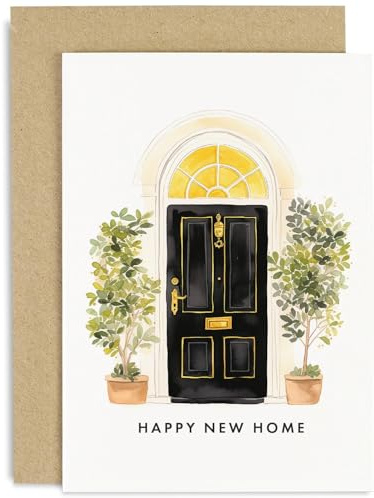 Old English Co. Stylish New Home Card for Him or Her - Black Front Door Olive Tree Housewarming Card for Couple - Congratulations On New House Card for Men and Women | Blank Inside with Envelope