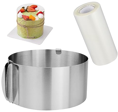 Anello Torta Regolabile, Stampo Circolare per Torte e Allungabile, Stampo Rotondo 16-30cm e 1PCS Torta Collare Trasparenti 10M Acetato per Pasticceria per Torte in Mousse Decorazioni
