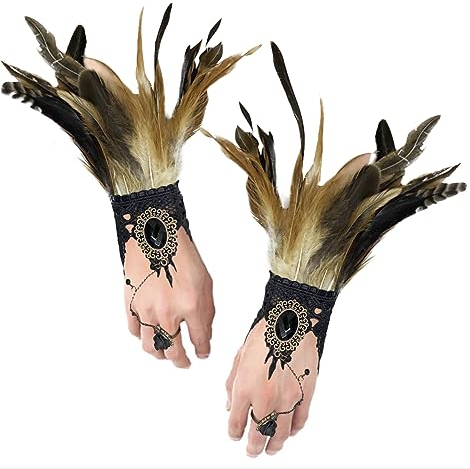 Damen Vintage Handschuh mit Feder und Ring Spitze Fingerlose Lange Handschuhe Hexe Spitzenhandschuhe Priesterin Hahnfeder Kostüm Stickerei Spitze Handschuh für Cosplay Hochzeit Karneval Kostüm Zubehör