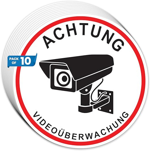 DinAliX 10 Stück Aufkleber Videoüberwachung Schild (Durchmesser 14 cm)