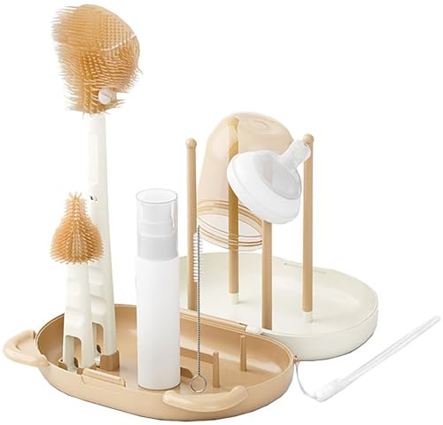 HOEREV Il set di spazzole portatili per biberon senza BPA include spazzolino per ciuccio, spazzola per cannuccia, rastrelliera per drenaggio, scatola, Beige