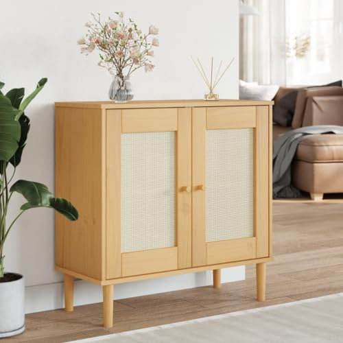 Rantry Sideboard Mehrzweckschrank Beistellschrank Sideboard Aufbewahrungsschrank Wohnzimmerschrank Standschrank Schrank für Wohnzimmer Rattan-Optik Braun 80x35x80 cm Kiefernholz