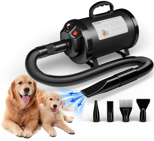 Blanlody Asciugacapelli per Cani Blower Molto Silenzioso, 5,2 CV/3800 W, velocità Regolabile, Ventilatore per la Cura del Cane con 4 Diversi ugelli, Tubo Elastico