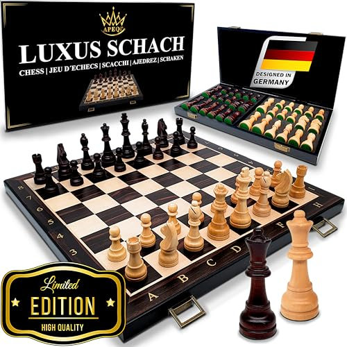 APEQi® Luxus Schach - großes Schachspiel Holz HOCHWERTIG - [54x54cm], Massivholz, 2 EXTRA-Damen, Geschenkidee - Schachbrett Holz hochwertig, 34 gewichtete große Schachfiguren, klappbares Chess Board