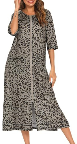 KINLYBO Umstandsnachthemd, Stillnachthemd, Reißverschluss, Hauskleidung, Stillen, langer Rock, sieben Ärmel, große Damenbekleidung, leopard, XXL