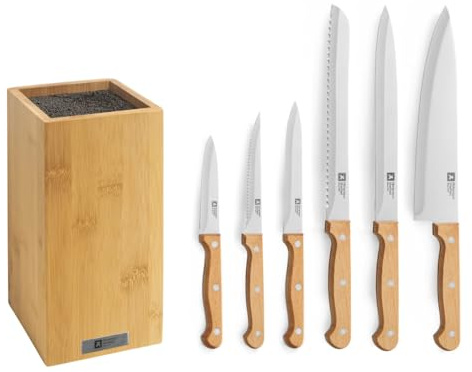 Richardson Sheffield - Bloc avec 6 couteaux de cuisine - Artisan - Acier inoxydable 13 C, Finition Satinée - 26 x 15.5 cm - Bois clair
