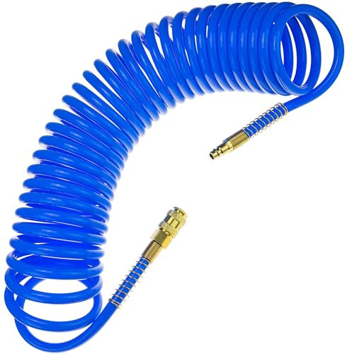 Tubo a spirale ad aria compressa SP-PU 10 m, tubo aria compressa 8/12 mm in PU, pressione massima 10 bar, con protezione antipiega e attacco rapido, adatto per utensili pneumatici