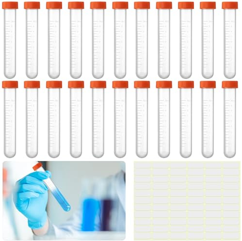 22 Pcs Tubos de Ensayo de Laboratorio, 10ml Tubos de Ensayo de Plástico con Tapa de Rosca Naranja, Centrifuge Tubes, Tubos de Prueba de Plástico Transparente para Laboratorio Pigmentos Experimentos